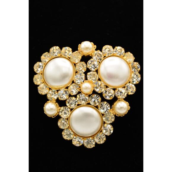 Vintage Crystal Pin Brooch Pearl Prong Cluster Gold Rhinestone Chunky 80s BinAC - Picture 1 of 12